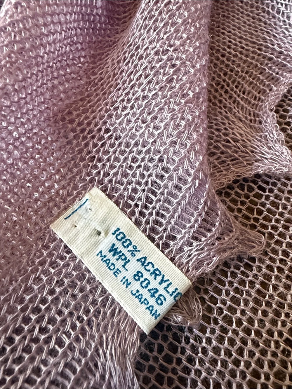 Vintage ca 1970’s Light Lavender mesh Knit Shawl Scarf 48x46” made in Japan